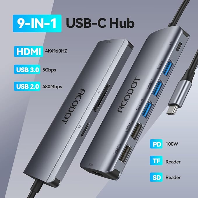 USB C Hub, Acodot 9 in 1 USB C to 4K@60HZ HDMI Multiport Adapter, 3 USB 3.0 - Image 2