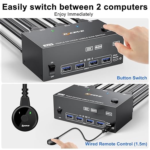 KVM Switch 3 Monitors 2 Computers 8K@60Hz/4K@144Hz, HDMI Displayport KVM - Image 5