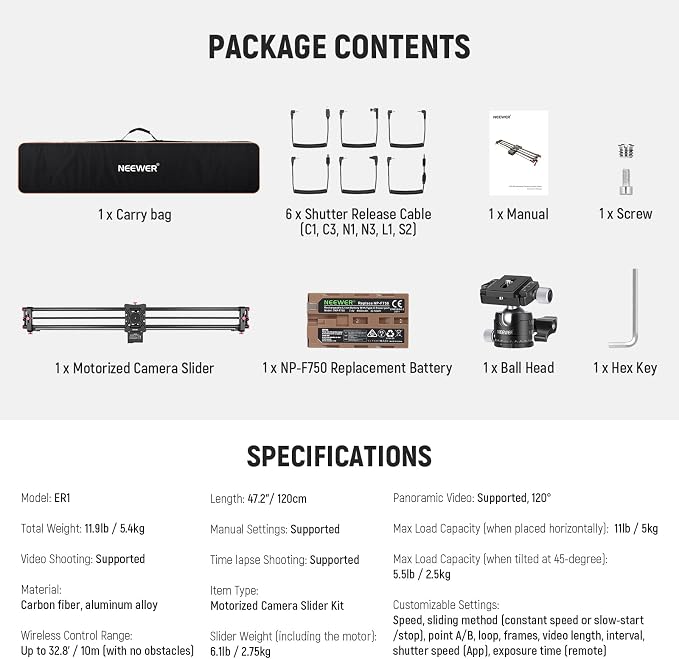 NEEWER 47.2"/120cm Motorized Camera Slider, App Wireless Control DSLR Carbon - Image 7