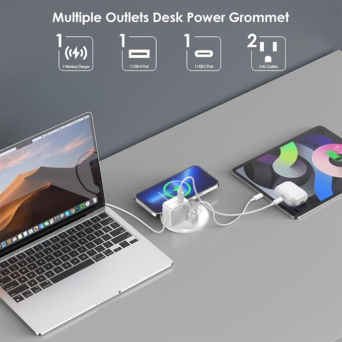 Recessed Power Grommet 3-inch Hole, 15W Wireless Charger, 20W USB C Fast - Image 2