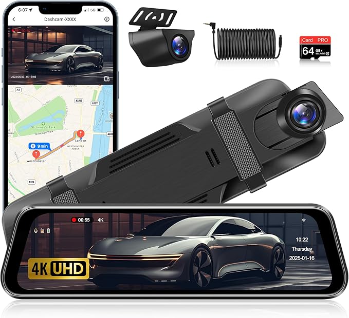 4K WiFi Rear View Mirror Camera 10’’ Mirror Dash Cam Front and Rear w Super by Jansite