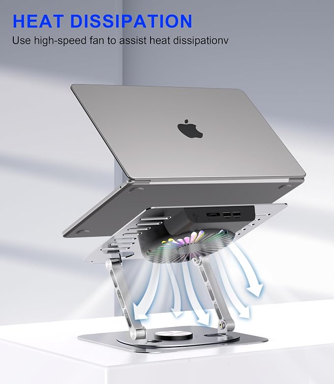 Laptop Stand, with 360°Rotating Base, External Cooling Fan, Adjustable RGB - Image 2