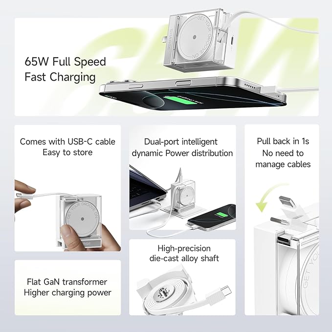 Retractable 65W USB C Charger, GaN Power Wall Charger - Image 6