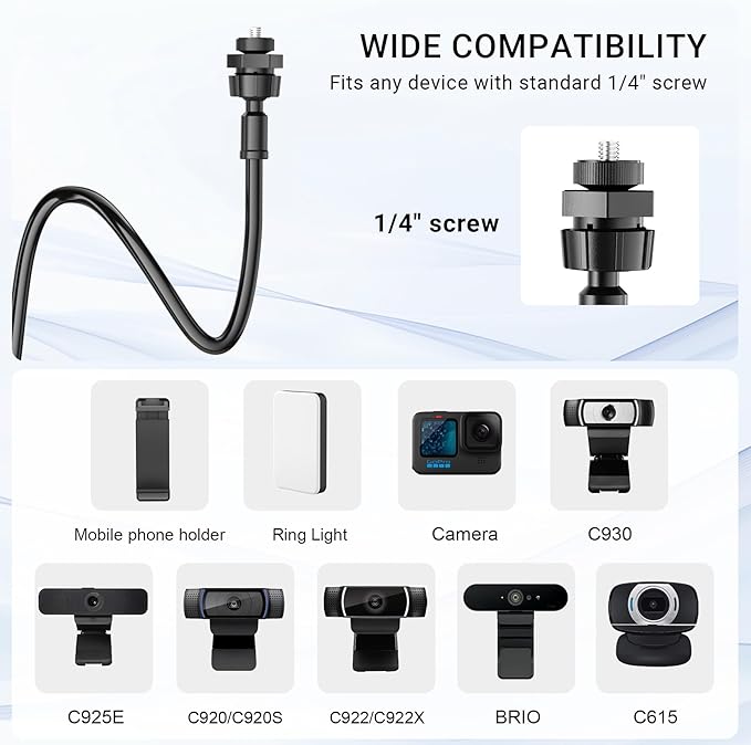 Flexible Webcam Stand Mount for Desk, Gooseneck Webcam Tripod - Image 4