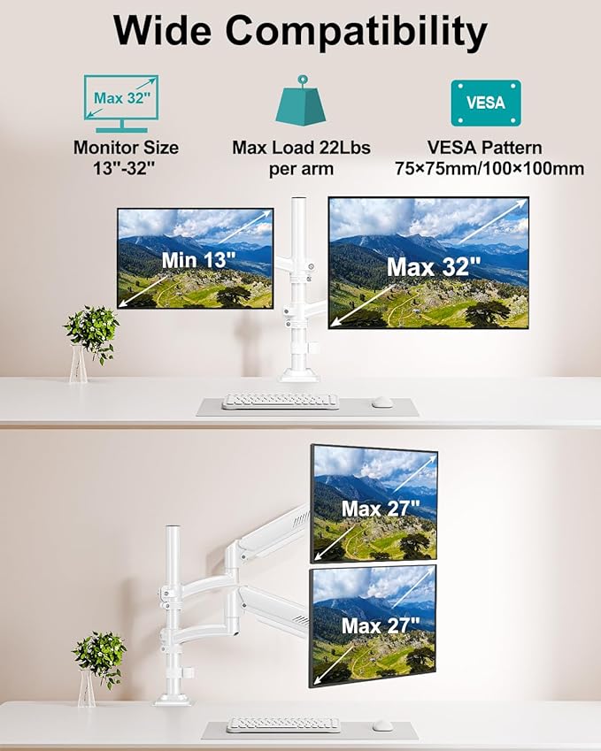 Dual Monitor Stand for Desk, Taller Monitor Arms for 2 Screens up to 32 inch - Image 5
