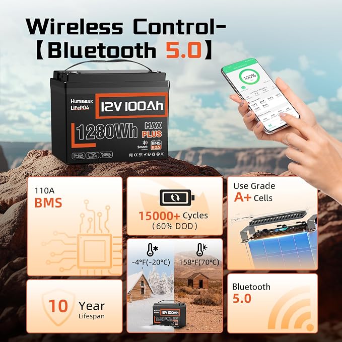 2 PCS 12V 100Ah LiFePO4 Lithium Battery MAX PLUS, Built-in 110A BMS & Bluetooth - Image 2
