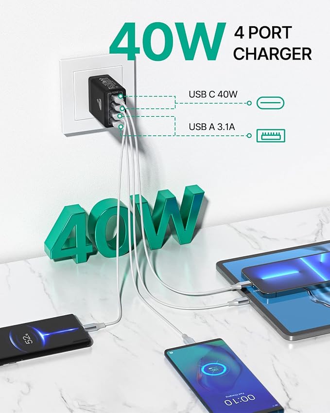 USB C Wall Charger Block 3-Pack, Aiminu 40W 4-Port PD Power Delivery Fast Type - Image 3