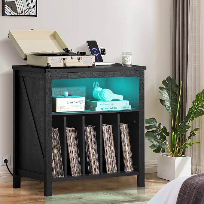 Large Record Player Stand with Charging Station & LED Lights, Vinyl Records - Image 7