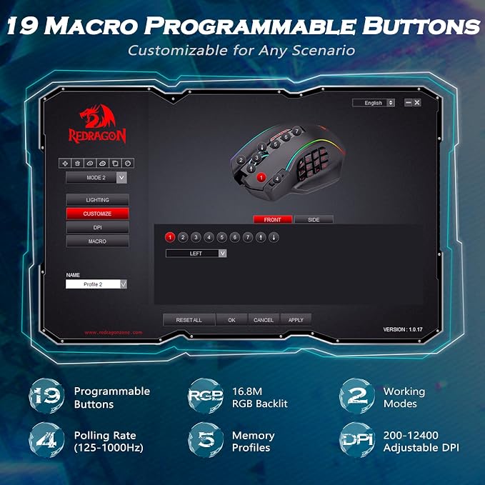 Redragon Gaming Mouse, MMO Gaming Mouse UP 12400 DPI, 19 Macro Programmable - Image 3