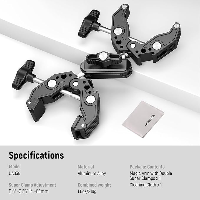 NEEWER Double Super Clamp with Magic Arm, Cleaning Cloth, Umbrella Camera Pole - Image 7