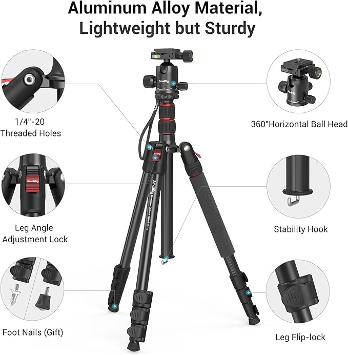 SmallRig Camera Tripod, 360°Ball Head Detachable, Payload 33lb, Adjustable - Image 4