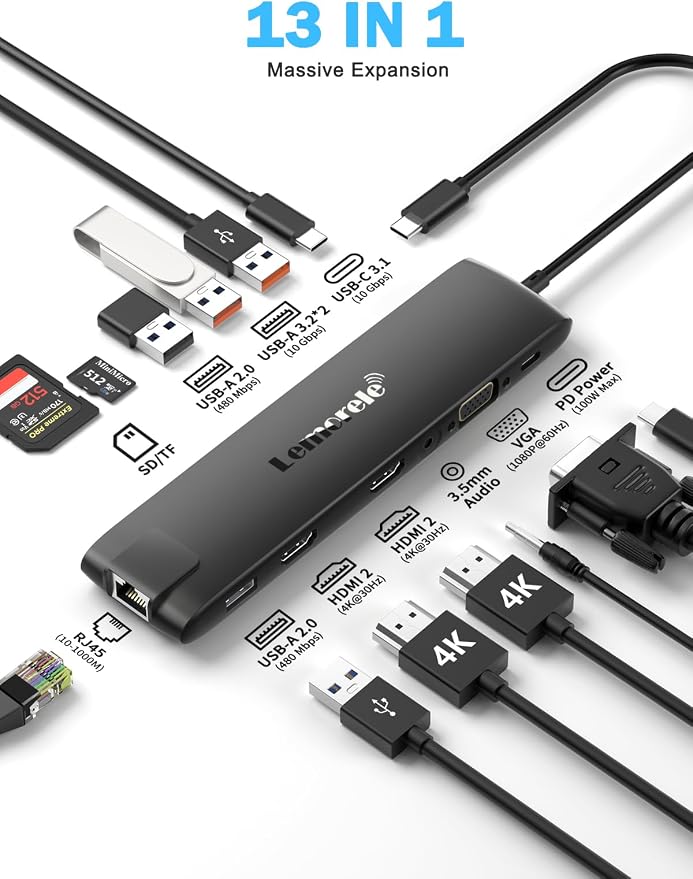 Docking Station USB C/A 10Gbps 3*Display 13 in 1, 2025 Upgrade Lemorele USB C - Image 3