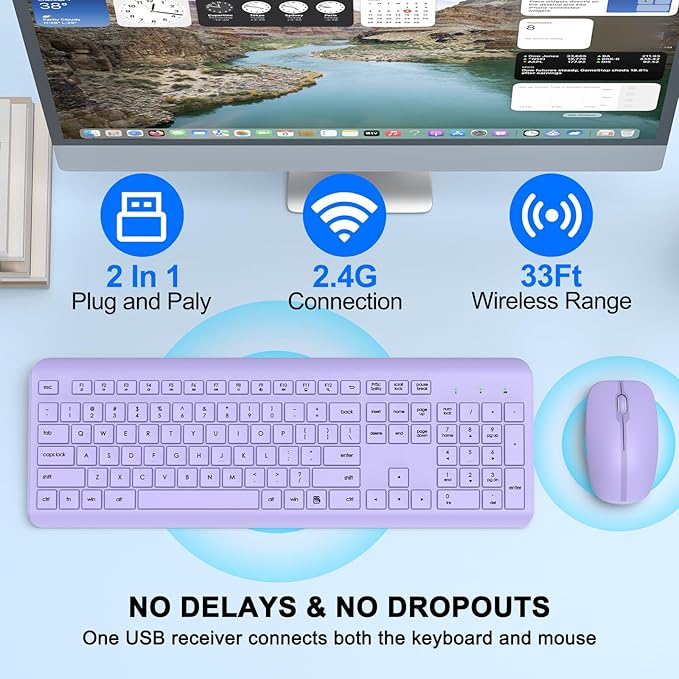 Wireless Keyboard and Mouse Combo, Full-Size Silent Ergonomic Keyboard and - Image 2