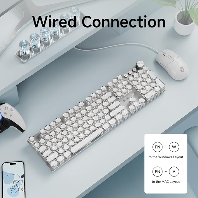 EWEADN Wired Typewriter Keyboard and Mouse Combo, Typewriter Style Mechanical - Image 5