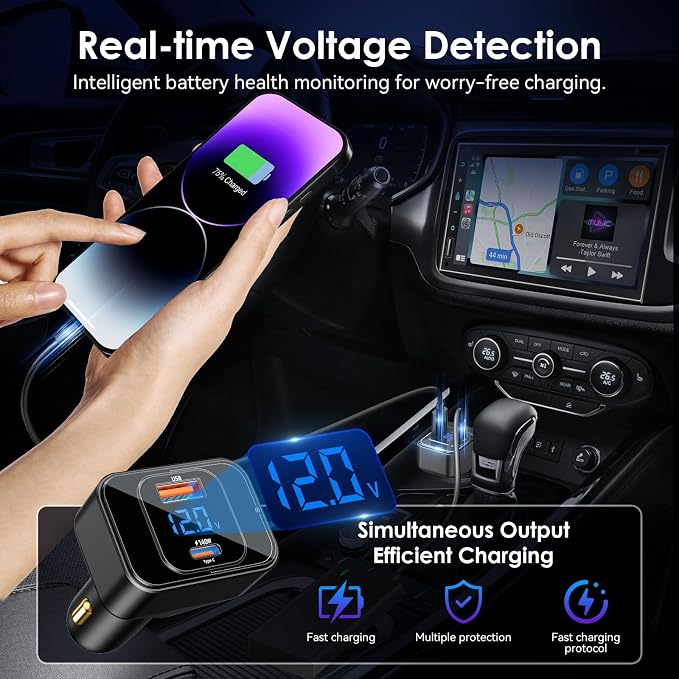 170W PD3.1 Car Charger with LED Voltage Display, USB-C Cigarette Lighter - Image 6