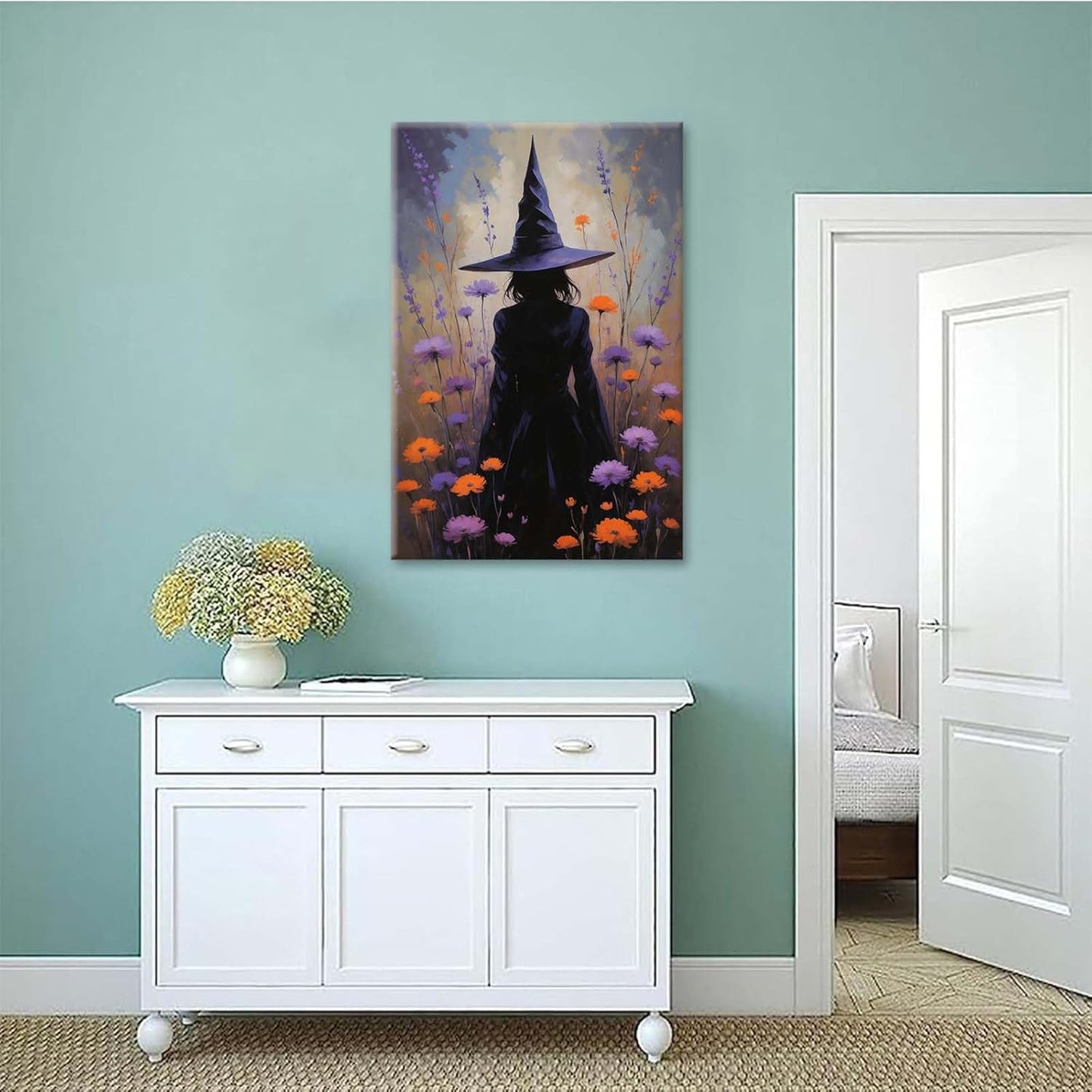 JFHCQJPK Country wildflower witch canvas print halloween mashup art witch purple decoration bohemian elegant art poster20x30in Frameless