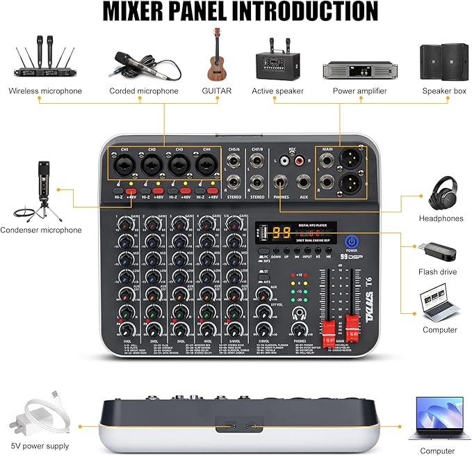 Audio Mixer, TKLBLS Studio Audio Sound Mixer Board, 6 Channel Unpowered - Image 6