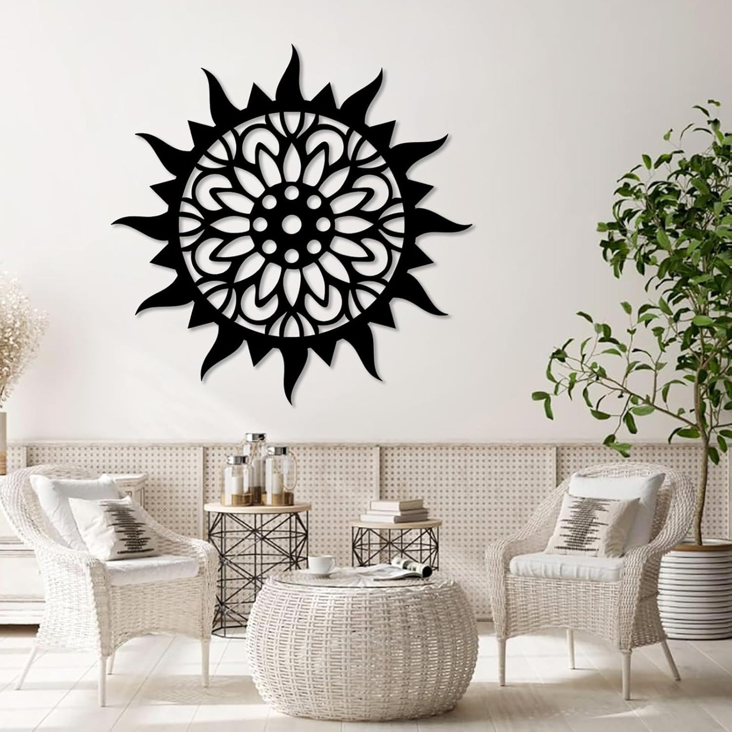Sunburst Metal Wall Decor, Unique Sun Flower Design, Outdoor & Indoor Wall Art for Living Room, Bedroom, or Patio, Home Decor (White, 19"x19"|47x47cm)