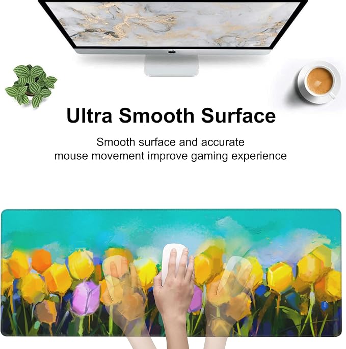 Tulips Flowers Desk Mat, Large Yellow and Violet Tulip Flowers Gaming Keyboard - Image 5