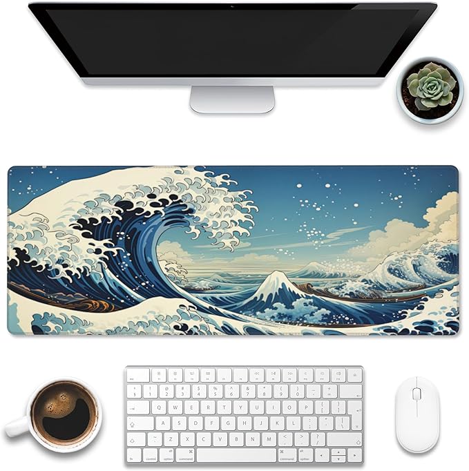 Desk Mat, Japanese Sea Wave Large Gaming Mouse Pad by Eflxamz