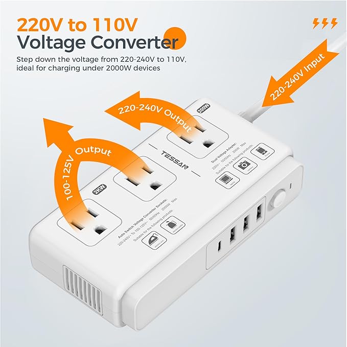 TESSAN Voltage Converter US to Europe, 220 to 110 Voltage Converter, Universal - Image 7