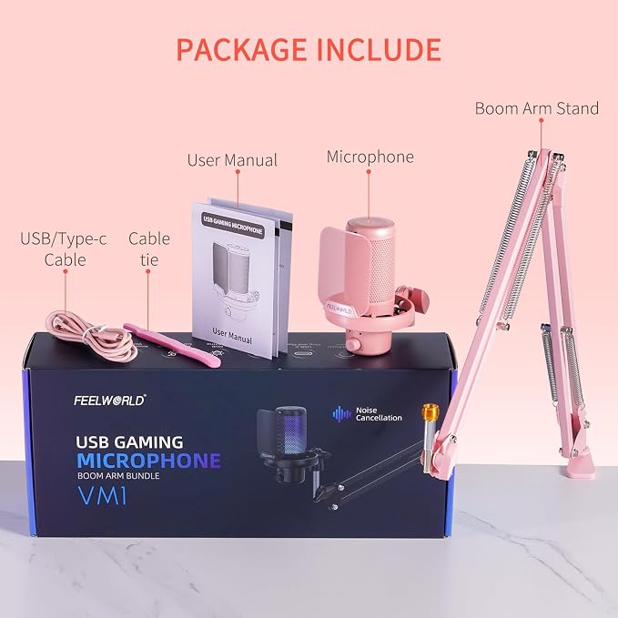 FEELWORLD VM1 Pink Gaming PC USB Microphone Condenser Mic - Image 7