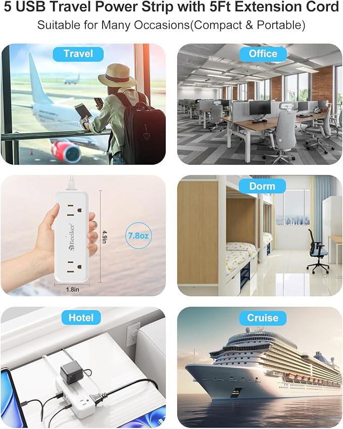 5 USB Travel Power Strip- 5Ft Short Extension Cord - Image 8
