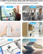 5 USB Travel Power Strip- 5Ft Short Extension Cord - Image 8