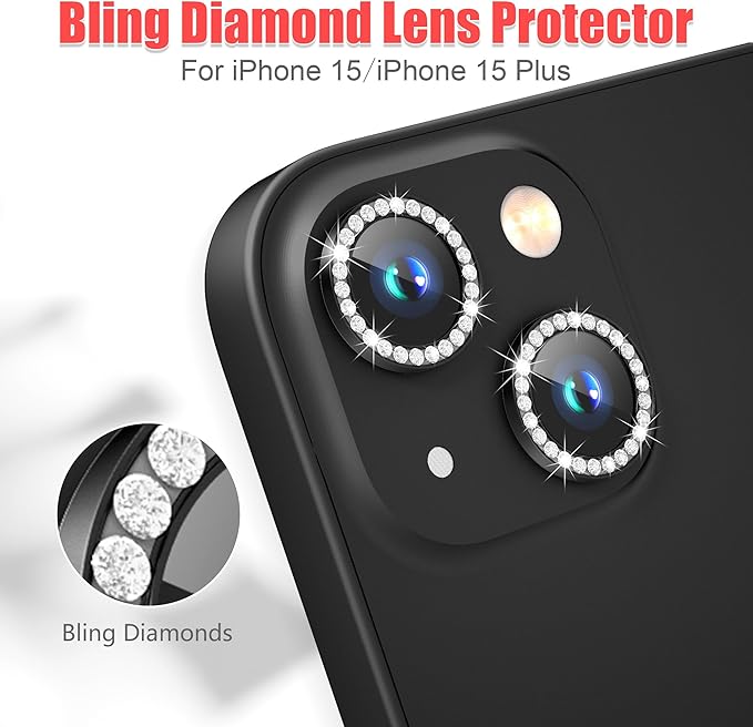 AGVEE 3+3 6 Pack for iPhone 15/15 Plus, Bling Diamond & Glitter Metal Ring 9H - Image 4