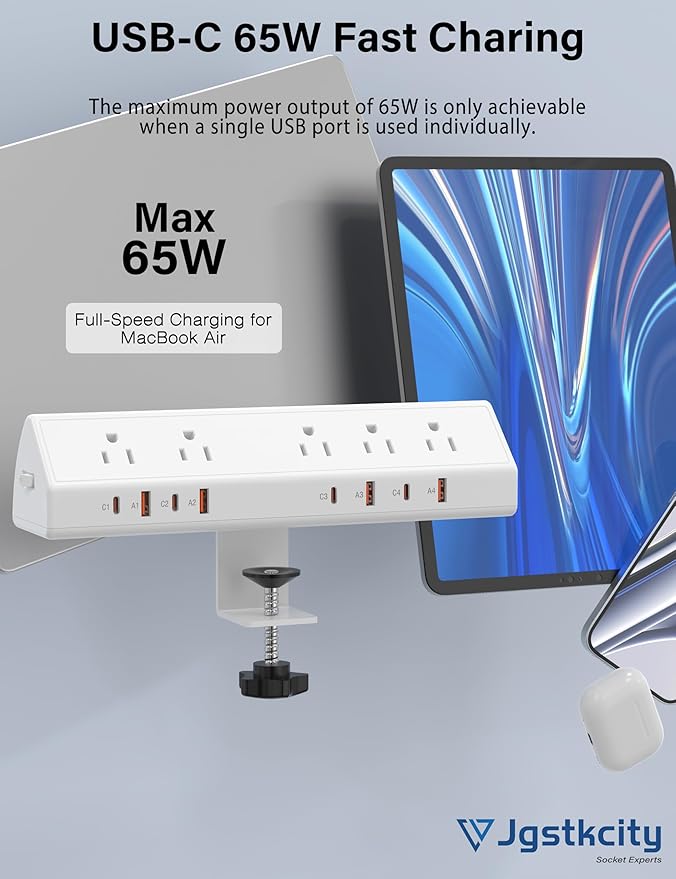 Desk Clamp Power Strip 65W Fast Charging Station, 4 PD USB-C, 5 Outlets - Image 3
