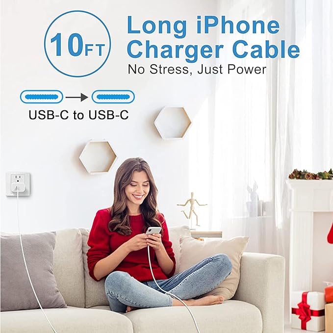 iPhone 15 16 Charger Fast Charging, Extra Long 10FT USB C to USB C Cable 20W - Image 4