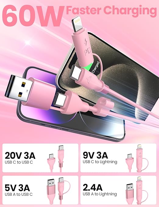 Coiled USB-C and Lightning Cable 2-in-1, 3FT Pink iPhone 15 16 Car Charger Cord - Image 3