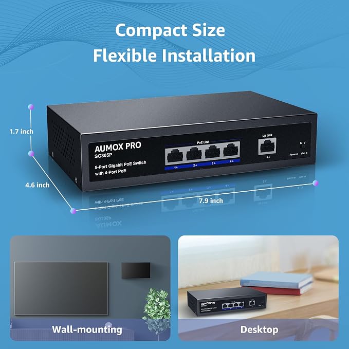 5 Port Gigabit PoE Switch, AUMOX PRO SG305P 4 Port PoE Gigabit Ethernet - Image 7
