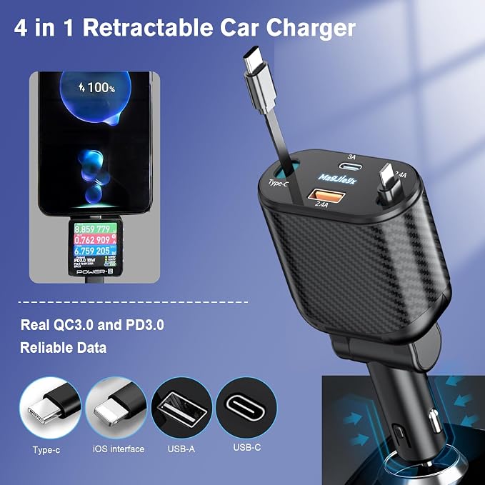 Retractable Car Charger 4 in 1 Fast Charging Adapter Magjieyx 62W Retractable - Image 5