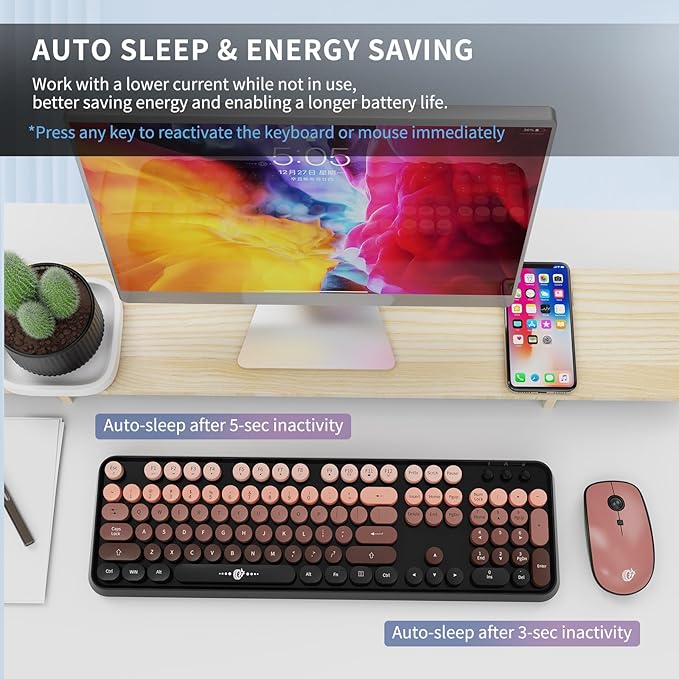 Wireless Keyboard and Mouse Combo, 104 Round Keys Cute Colorful Keyboard and - Image 5