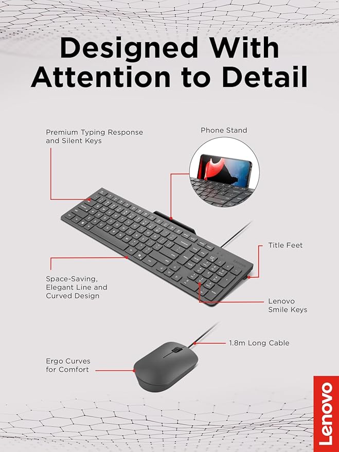 Lenovo 310 USB-A Wired Keyboard Mouse Combo, Quiet Keys, Ultra-Slim Gaming - Image 3