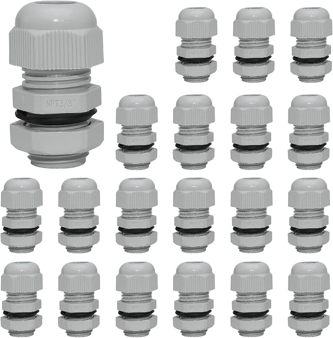 20 Pcs 3/8" NPT Nylon Cable Glands, IP68 Waterproof Adjustable Cord Grip Cable by Bonsicoky