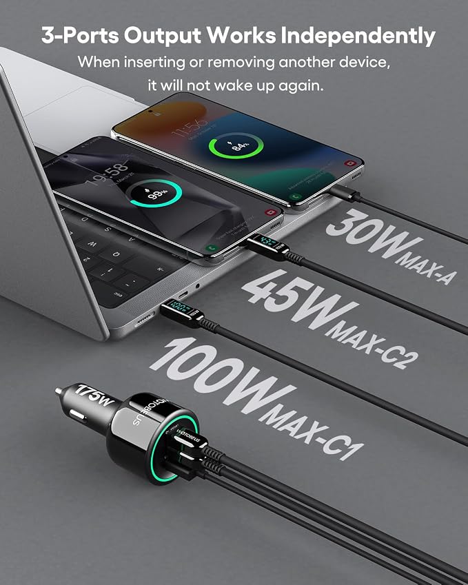 WOTOBEUS 175W Car Charger Dual USB C Adapter: PD 100W & PPS 45W - Image 2