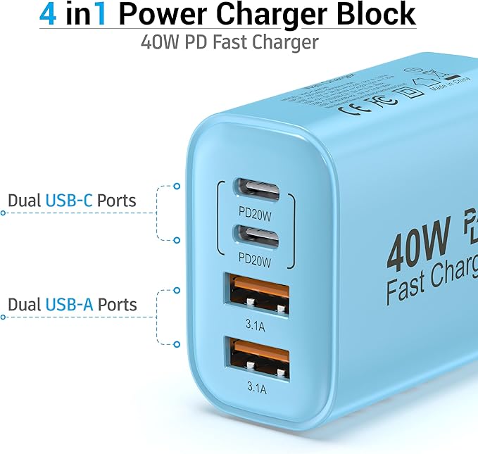 USB C Block 40W, 4 Ports Wall Plug Fast Charging Block, PD+QC Multiport Power - Image 4