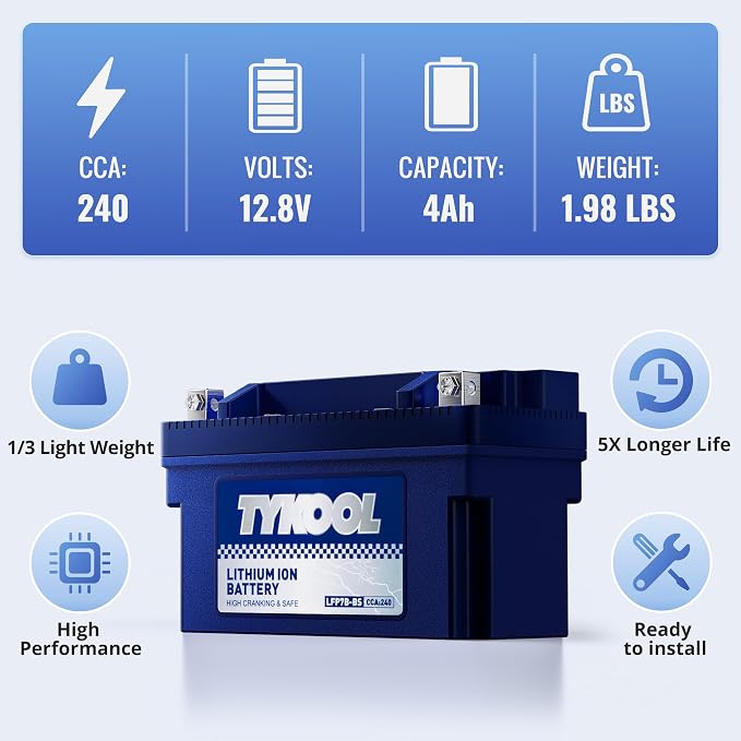 TYKOOL YT7B-BS, 240 CCA, 3X Cranking Amps, 5X Life, High Performance Lithium - Image 3