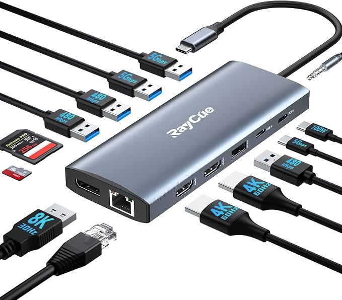 14 in 1 Triple 4K Display USB C Docking Station, Single DisplayPort Up to by RayCue