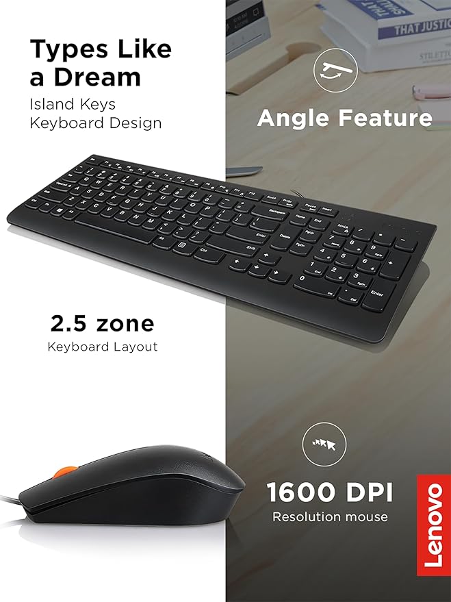 Lenovo 300 USB Combo, Full-Size Wired Keyboard & Mouse, Left or Right Hand Mouse - Image 3
