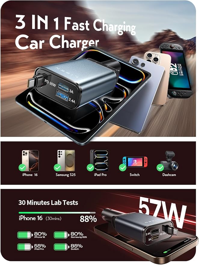LISEN iPhone 16/15 Car Charger USB C Fast Charging Retractable, 【60% Less Space - Image 2