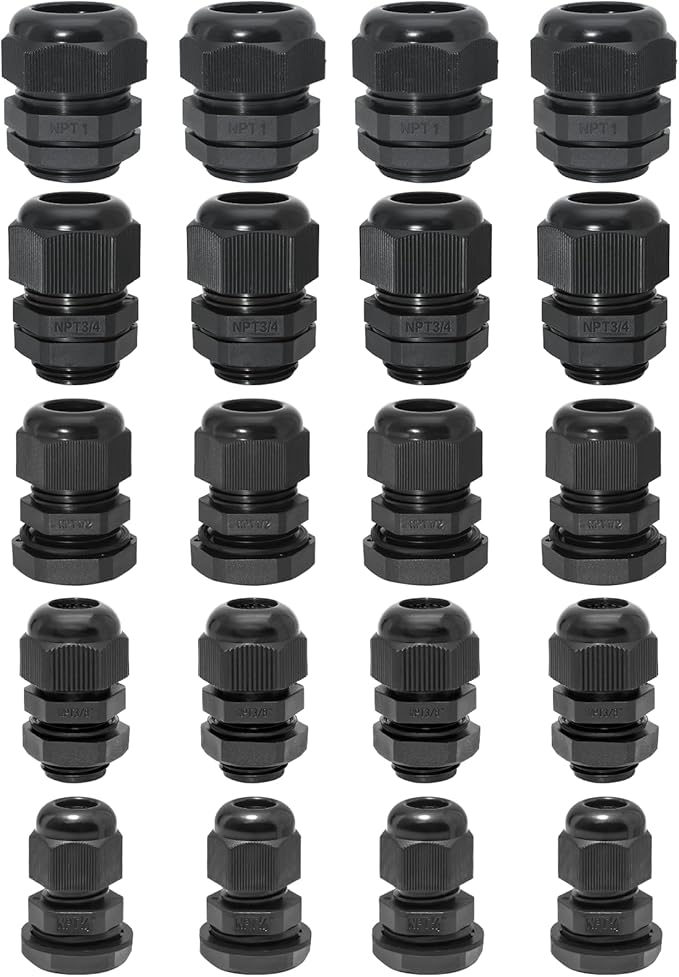 20 Pcs Nylon Cable Gland Kit, IP68 Waterproof Adjustable Cord Grip Cable by Bonsicoky