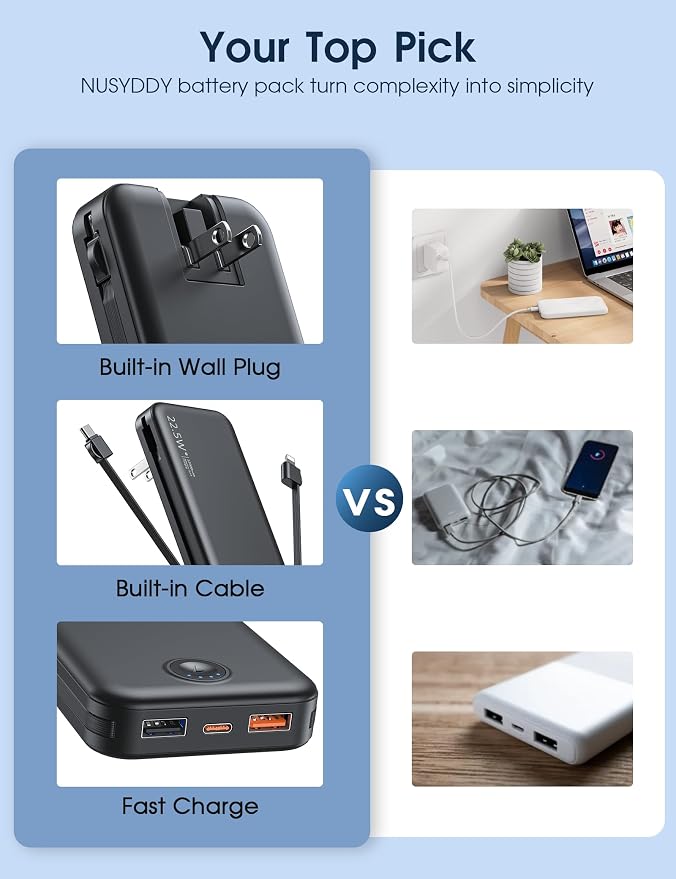Portable Charger with Built in Cable and AC Wall Plug, USB C Power Bank - Image 3