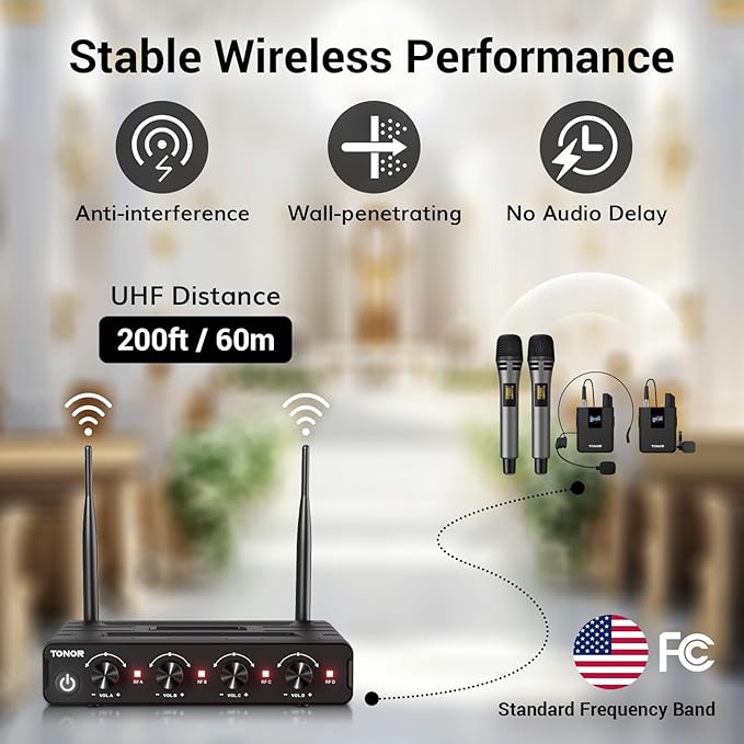 TONOR Wireless Microphone System, 4 * 10-Channel UHF Cordless Handheld Mic Set - Image 3