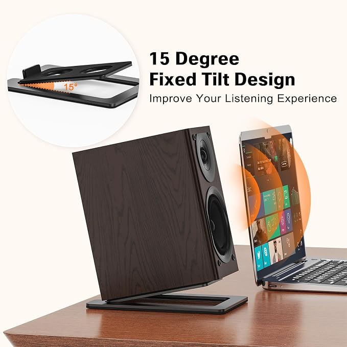 Metal Desktop Speaker Stands Pair, 15° Tilted Steel Tabletop Bookshelf Speaker - Image 3