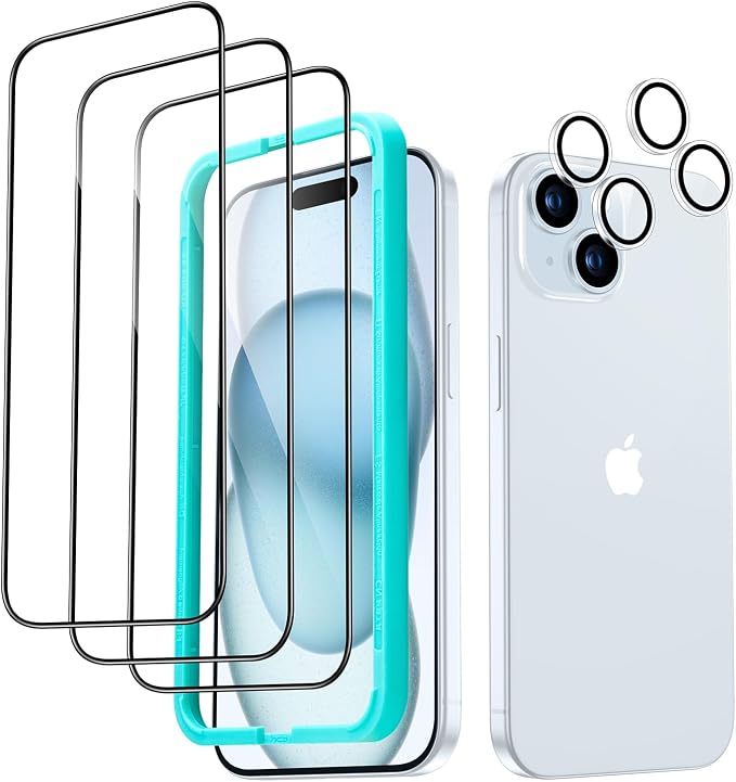ESR 3+2 Pack for iPhone 15 Plus Screen Protector, 3 Black Edge Tempered-Glass by ESR