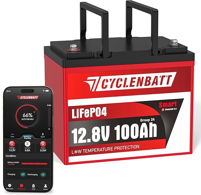 12V 100Ah LiFePO4 Battery with Bluetooth, 12V Lithium Battery Built in 100A BMS by CYCLENBATT
