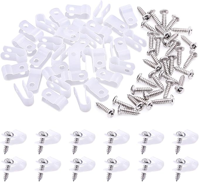 Swpeet 120 Pack White 1/4 Inch Nylon Plastic R-Type Cable Clips Clamp Kit by Swpeet